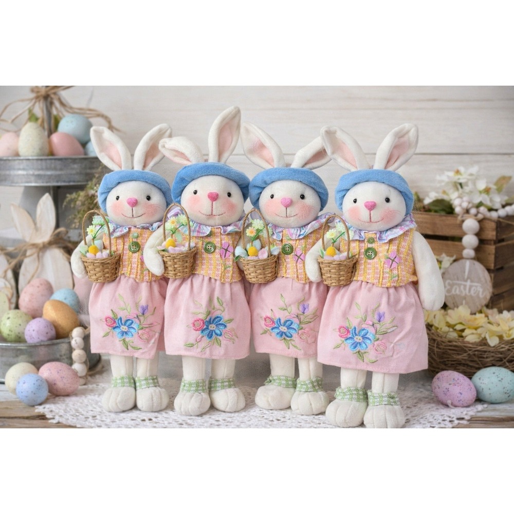 Set of 4 Easter Bunny Dolls‎ Cottagecore Farmhouse Spring Decor Rabbits Shelfsit